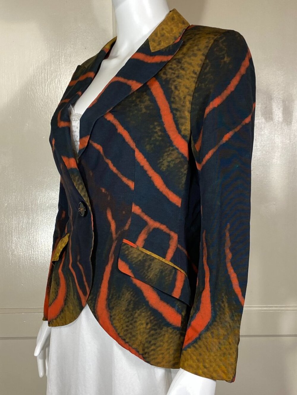 ESCADA Buella Fantasy Print Blazer Black Brown Rust Orange Tailored Sz 36 (S) - Picture 2 of 15